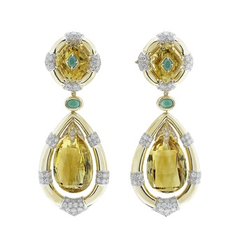 Earrings with citrine, emerald and diamonds in yellow gold