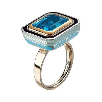 'Silver Tile Swiss' ring with topaz and enamel in yellow gold