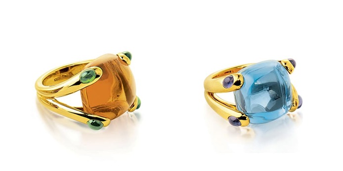 'Candy' rings with citrine, topaz and iolite in yellow gold