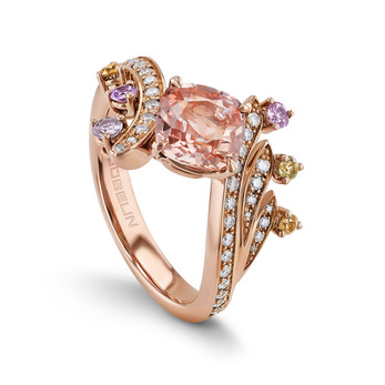 Aurora collection ring in rose gold with padparadscha sapphire, fancy colour sapphires and diamonds