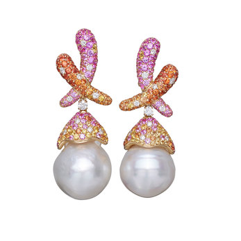 Earrings with baroque pearls, fancy colour sapphires and diamonds