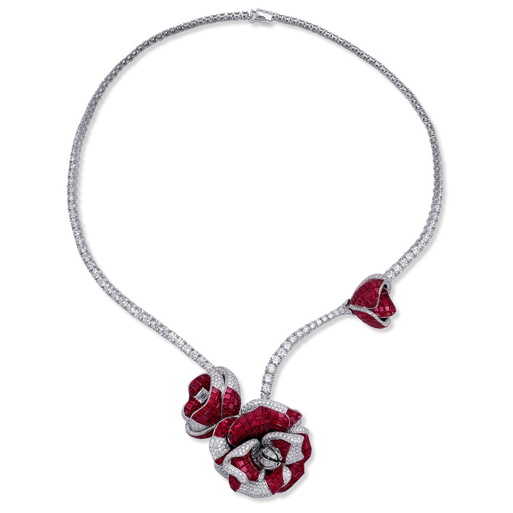 Peony Princess one-of-a-kind necklace with invisible setting rubies and diamonds