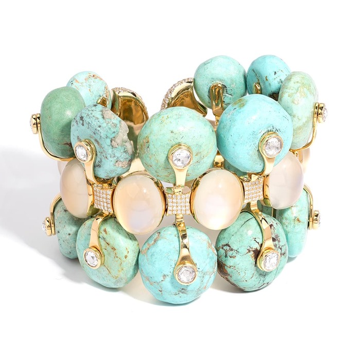 Turquoise Ceramic bangle in 18K yellow gold set with 16 Antique turquoise beads weighing 393.53 cts, moonstones and diamonds