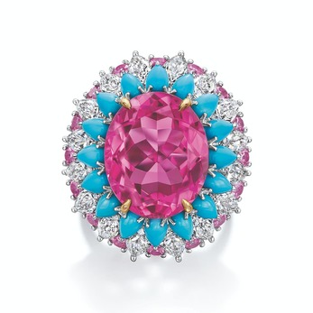 Winston Candy ring with 1 oval-shaped pink tourmaline weighing a total of 11.22 carats, pink sapphires and turquoise
