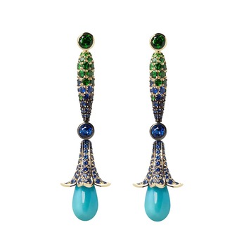 Turquoise Flower Drop earrings with turquoise drops, tsavorites and sapphires