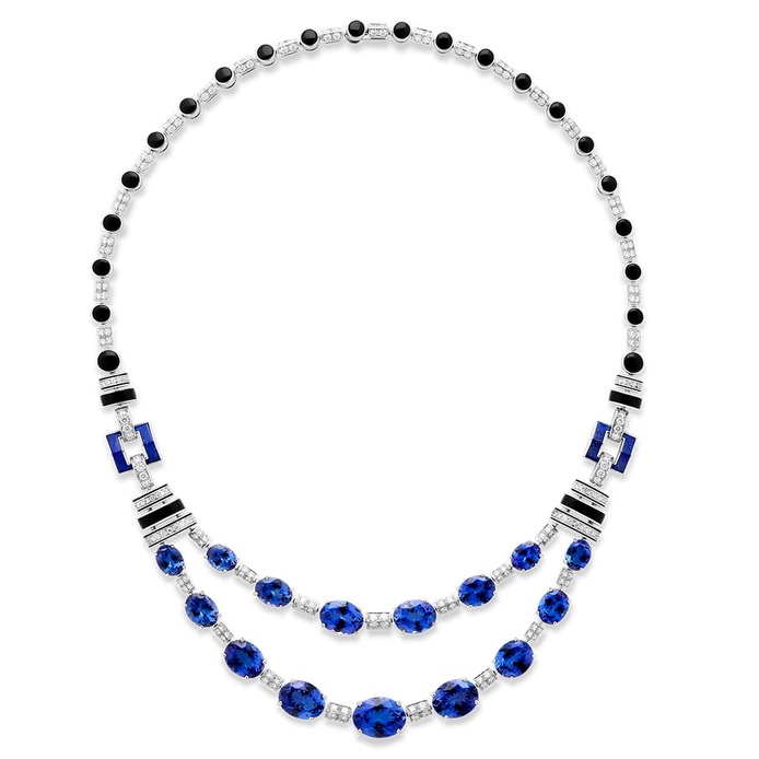 Rivière Art Deco necklace set with tourmalines, lapis lazuli and onyx, paved with diamonds, on white gold