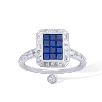 Candy Emerald ring with invisible set sapphires and diamonds set in 18K white gold