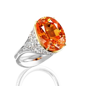 Ring with mandarin garnet and marquise diamonds in white gold