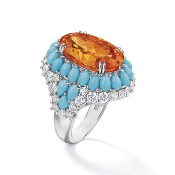 Candy collection ring with 16.69ct oval cut spessartite garnet, pear cut turquoise and diamonds in white gold