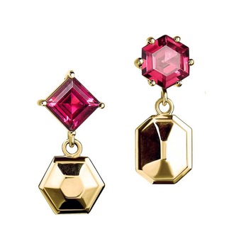 Puzzle earrings with rhodolite garnet in yellow gold