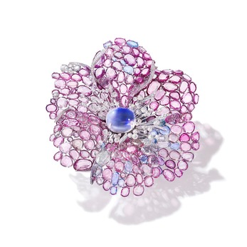 Icy Pink Dahlia brooch with 16.28ct moonstone, pink and blue sapphires and diamonds in white gold