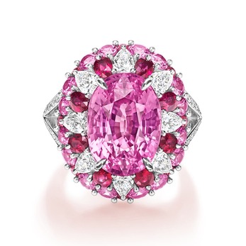 Harry Winston 'Winston Candy' ring with 10.59ct oval cut pink sapphire, oval cut and round cut rubies, pink sapphires, and pear cut and brilliant cut diamonds in platinum