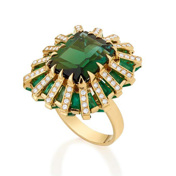Baguette ring green toumalines, emeralds and diamonds in yellow gold