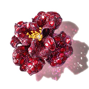 Peony brooch from the Rose collection rubies, diamonds and lacquer on titanium and white gold
