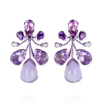 Orchidea earrings with amethyst, chalcedony and diamonds in white gold