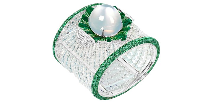 Cuff with 93ct moonstone, emeralds, diamonds and quartz beads in white gold