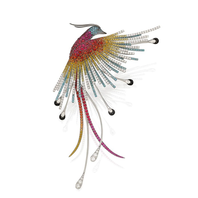 Bird of Paradise brooch with multi-colour sapphires, rubies, spinels and diamonds in white gold