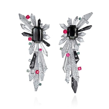 Imperial earrings with 18.55ct and 11.31ct alexandrites, accenting alexandrites, spinels, diamonds and rock crystal in white gold and titanium