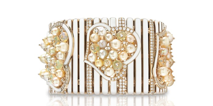 Selene cuff with opals, diamonds and white enamel in antique yellow gold