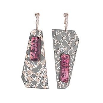 Orion &Auriga earrings with fancy cut pink tourmalines of 17.50ct and 17.60ct, and diamonds in pink gold and titanium