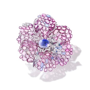 Icy Pink Dahlia brooch with 16.28ct moonstone, double rose cut pink sapphires, blue sapphires and diamonds in white gold