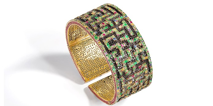 Cuff with black diamonds and multi-gems in yellow gold