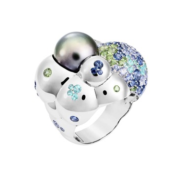 Bulle Arc-En-Ciel Tahitian pearl ring with blue sapphires, blue tourmalines and tsavorites