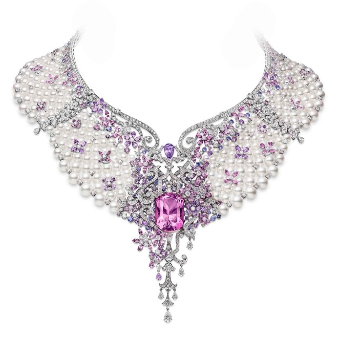 Jardin Mysterieux high jewellery Akoya pearl necklace with morganite, spinel, sapphires, tanzanite and diamonds