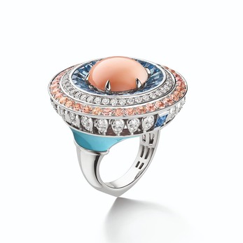 Perspectives Lux high jewellery ring, set with angel-skin coral, aquamarines, orange topazes and turquoise in 18 carat white gold