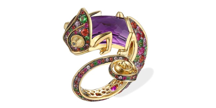 Interchangeable Sapphire Chameleon ring, with four interchangeable central stones of smoky quartz, amethyst, olive quartz and citrine