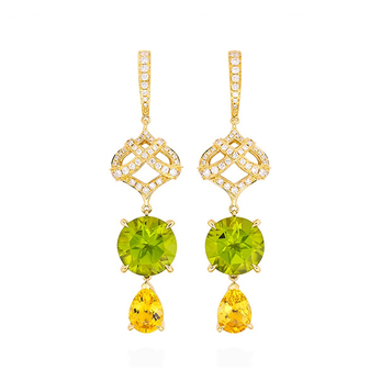 Woodland peridot and beryl drop earrings with diamonds in 18 carat yellow gold