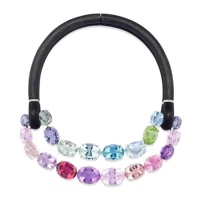 Carbon fibre necklace with a double row of multi-coloured gems