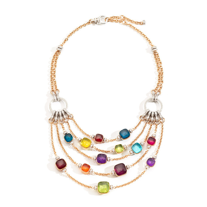 La Gioia Nudo Plastron necklace featuring a rainbow of Nudo cut coloured gemstones