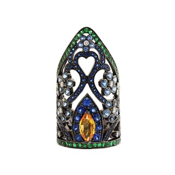 Caravan high jewellery ring with sapphires, tsavorites and diamonds in black rhodium gold