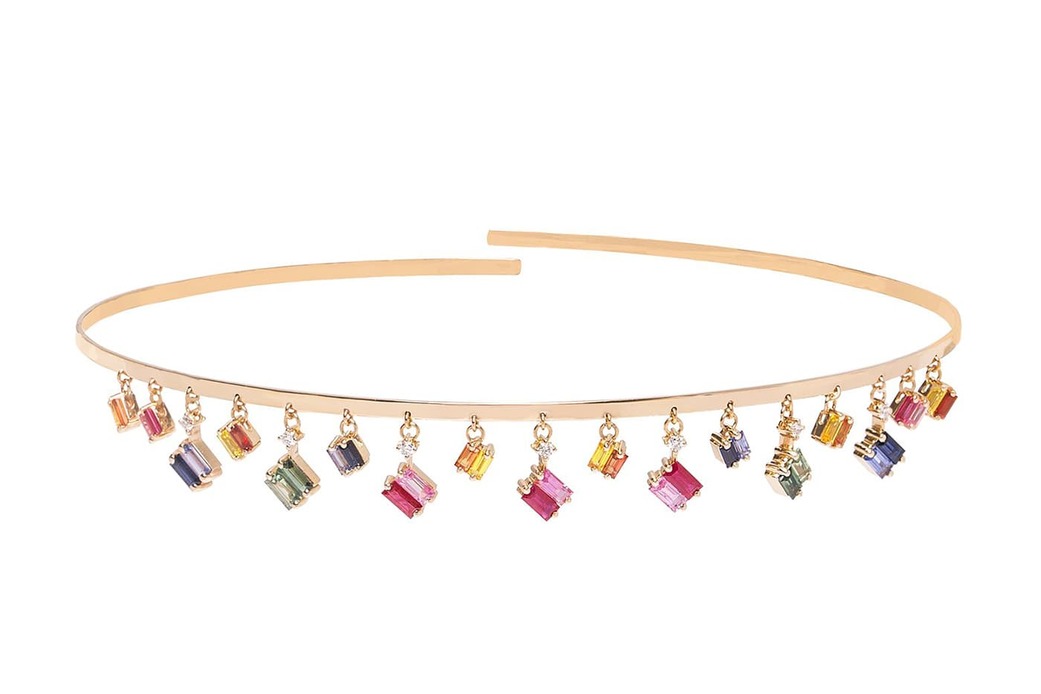 Rainbow Fireworks charm choker in 18 carat gold, set with baguette-cut sapphires and diamonds