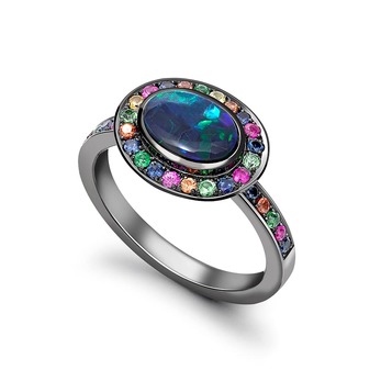 Black opal and rainbow gemstone halo ring