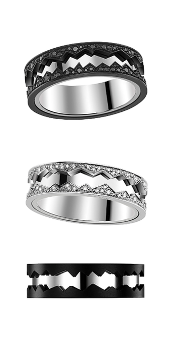 Capture in Motion rings with black and white diamonds set in black titanium and white gold