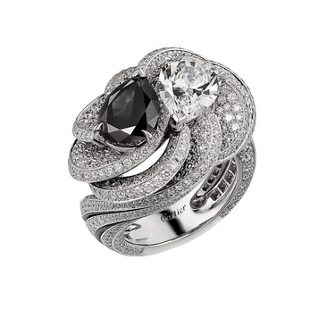 Résonances de Cartier Clair Obscur ring, set with a pear shape black diamond contrasted with colourless diamonds