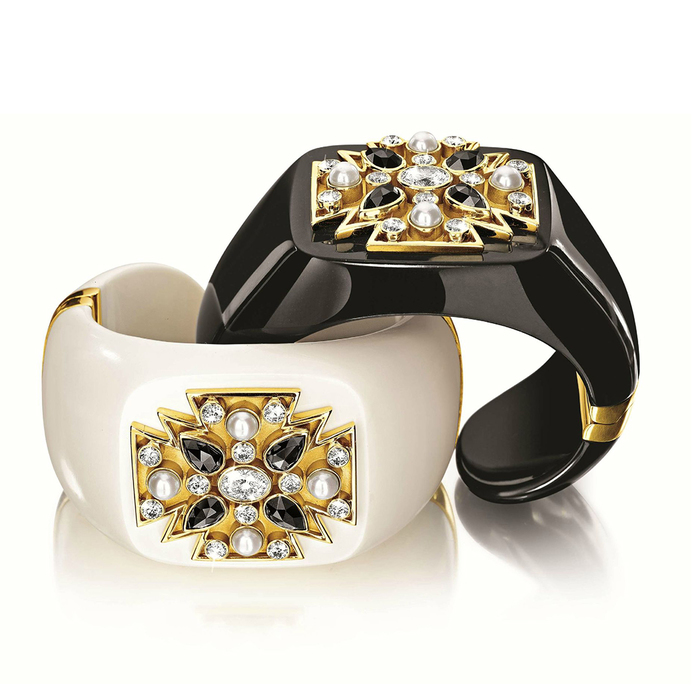 Maltese black jade and mammoth ivory cuffs, set with black and white diamonds