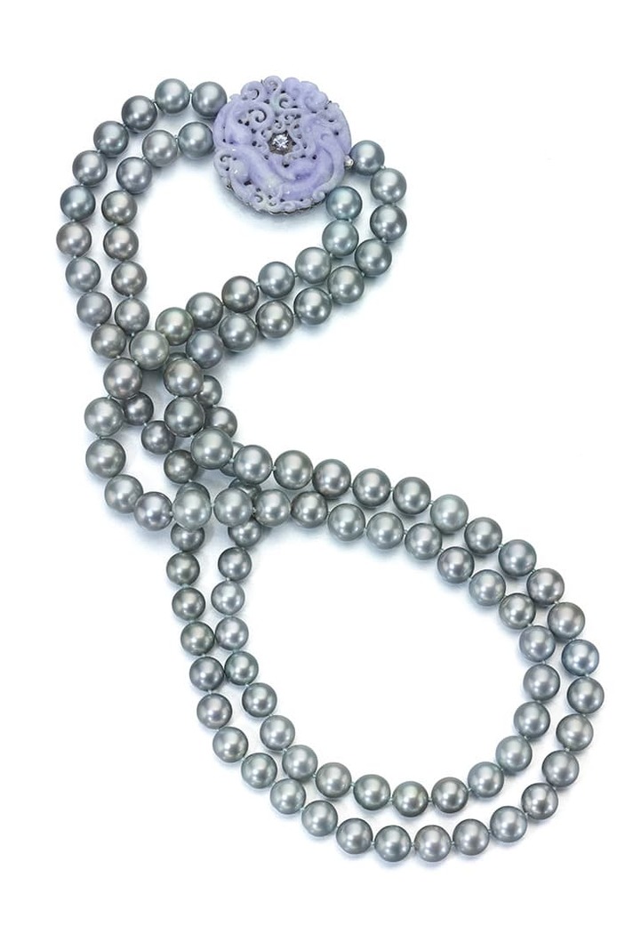 Tahitian pearl necklace with a carved lilac jade clasp