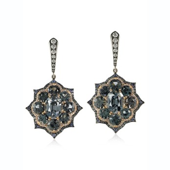 Earrings with more than 10 carats of grey spinel in addition to sapphire and diamonds in yellow gold 