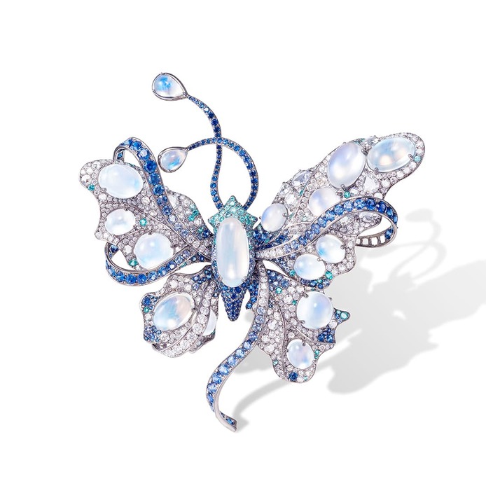 Artemis Butterfly brooch with moonstones, diamonds, sapphires and Paraiba tourmalines
