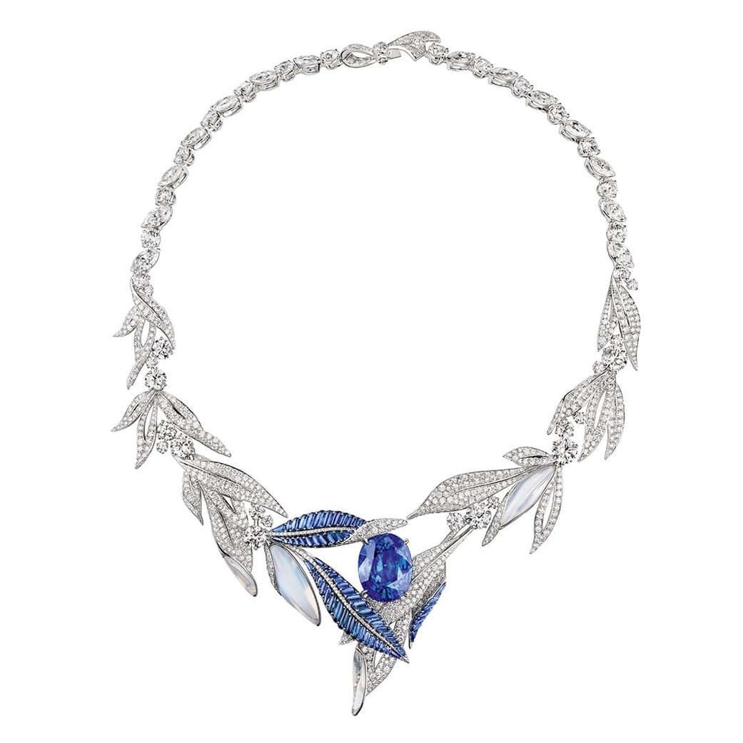 La Nature de Chaumet Firmament apollinien necklace in white gold with a cushion-cut Burmese sapphire weighing 34.36 carats, moonstone motifs, sapphires and diamonds