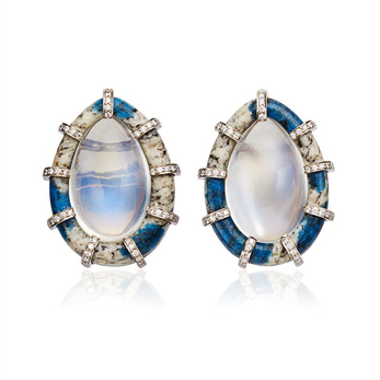 Pear-shaped moonstone ear clips with a granite frame set with diamonds
