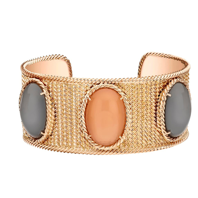  Limelight Extremely Piaget cuff in rose gold with two grey moonstones of 22.90 carats and one orange moonstone of 11.45 carats