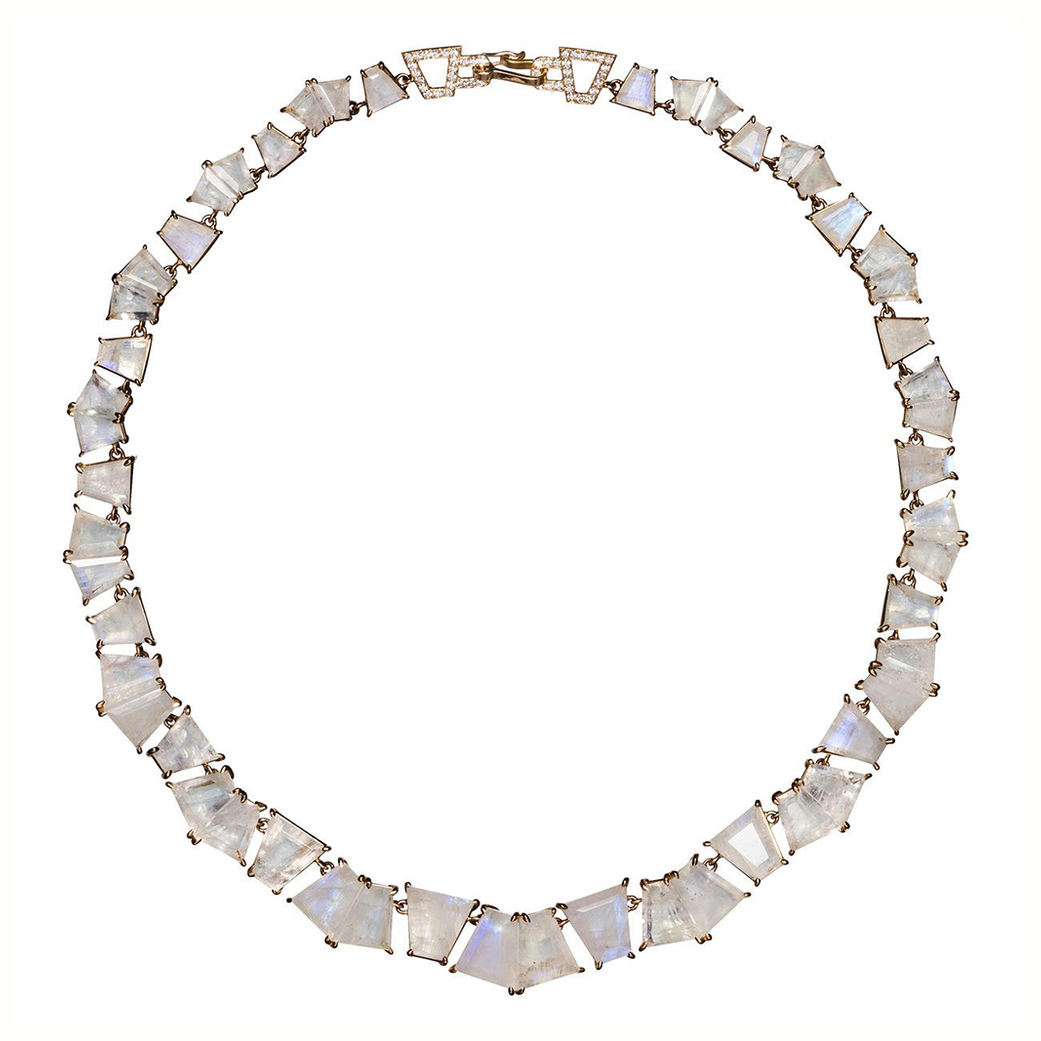  Pleated Riviere necklace in rose gold with diamonds and moonstones