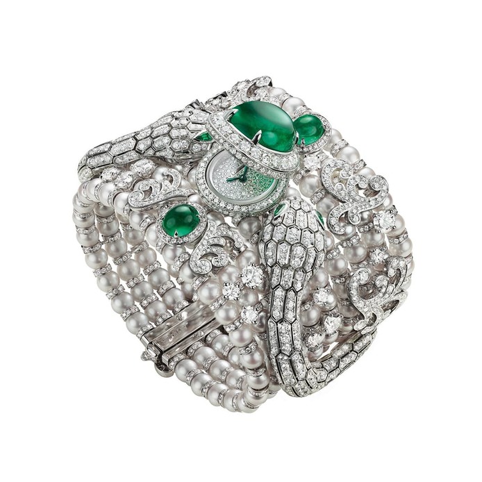 Serpenti Misteriosi secret watch with 3,605 diamonds, 226 Akoya pearls and emeralds, including a 12 carat cabochon emerald 