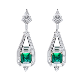 High Priestess Neo earrings with a pair of 3.65 carat emeralds set with 4.52 carats of baguette and brilliant cut diamonds