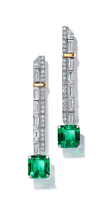 Blue Book 2021 Earth earrings in platinum and 18k yellow gold with emerald-cut unenhanced Colombian emeralds over 10 total carats with baguette and round-brilliant diamonds of over 4 carats 