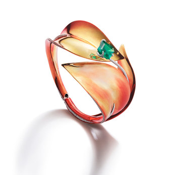 Sunset Lily of the Valley bangle with a 3.24 carat vivid green Colombia emerald, white diamonds and 18k electroplated gold 